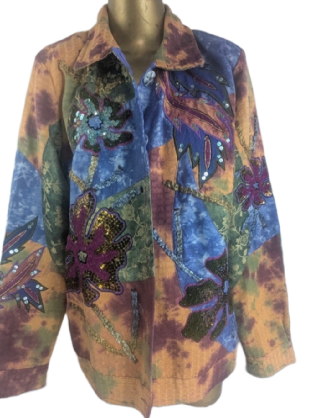 Indigo Moon Colorful Floral Jacket With Bold Designs With Sequins Large